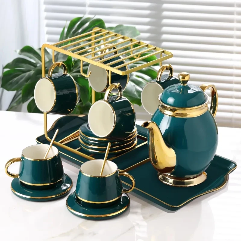 

Ceramic Coffee Tea Set Creative Phnom Penh Green 1 Pot 6 Cups 1 Tray Rack Porcelain Teaware Sets Coffee Pot Afternoon Tea Kettle