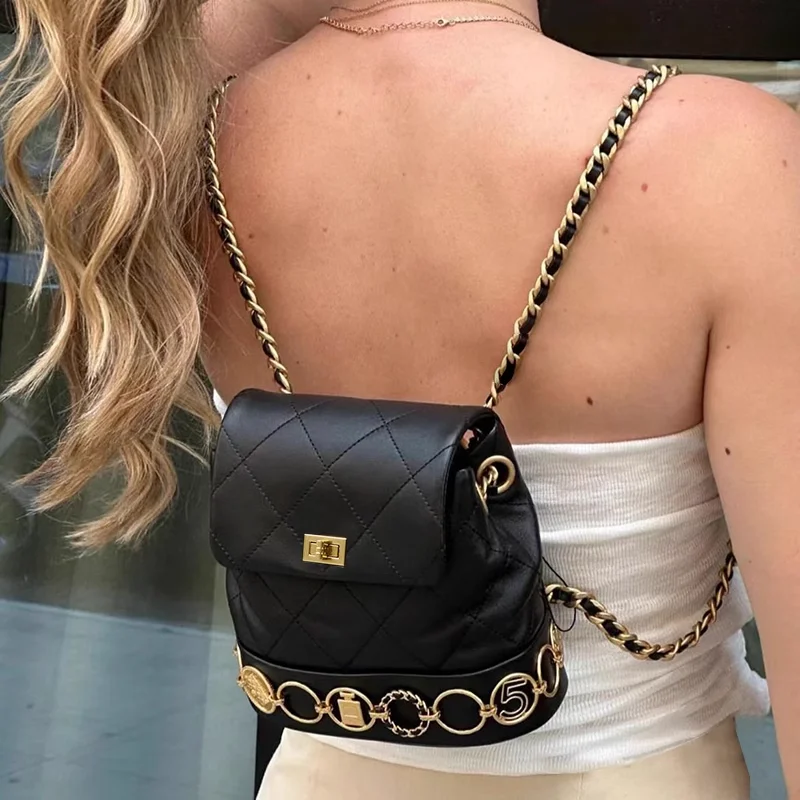 

Rhombus Lattice Double Chain Mini Backpack Lady Retro Cute Oil Wax Luster Leather Real Knapsack Popular Metal Gold Coin Rucksack
