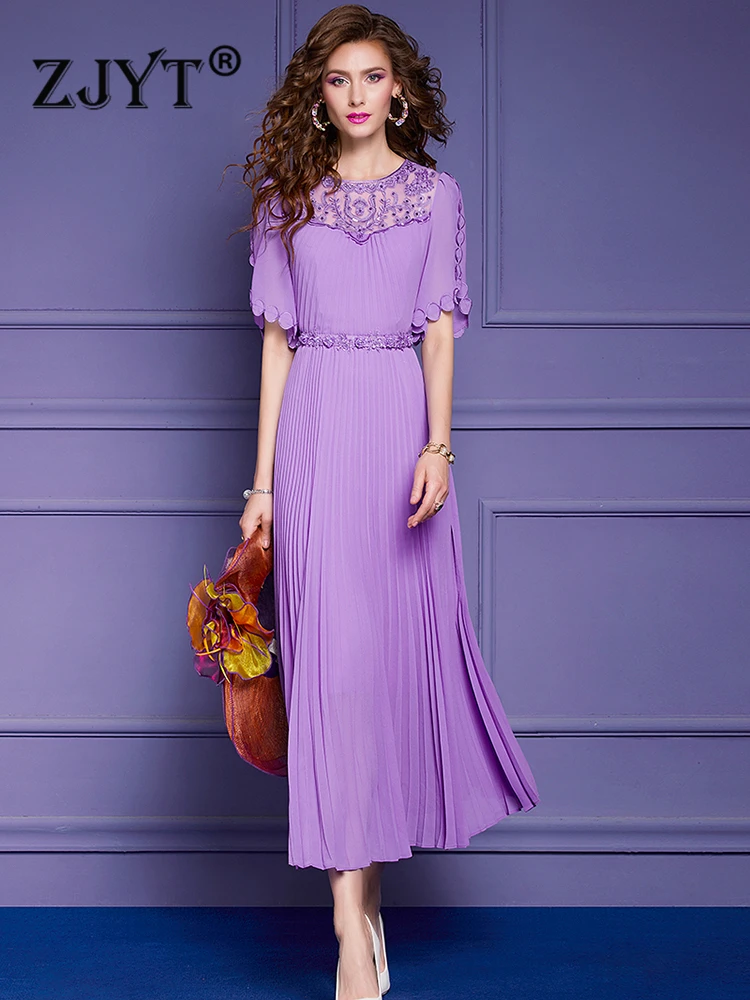 ZJYT Elegant Embroidery Patchwork Pleated Chiffon Dresses for Women