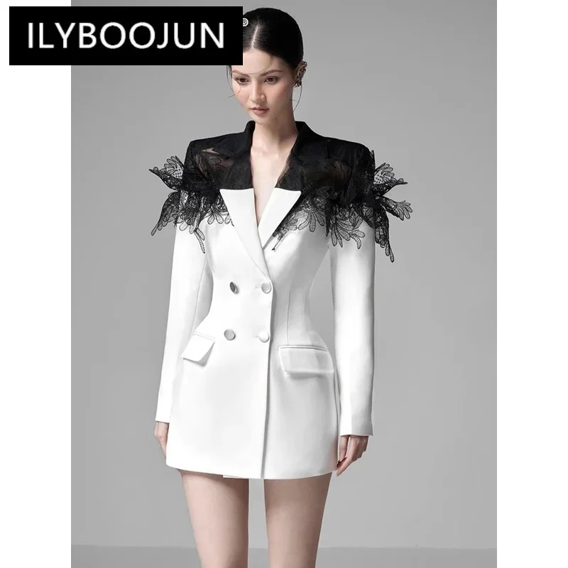

ILYBOOJUN Colorblock Temperament Blazers For Women Notched Collar Long Sleeve Patchwork Double Breasted Slim Blazer Female