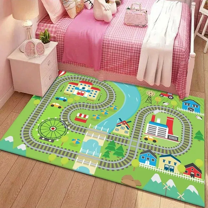 Cartoon Train Track Amusement Park Kids Rug Soft Fluffy Play Mat for Bedroom Educational Traffic Game Carpet with Ferris Wheel