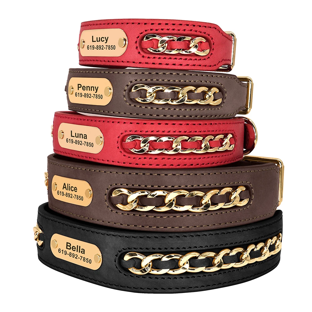 Custom Leather dog collar pet collar Accessories Personalized ID Tag Nameplate Collars For Small Medium Large Dogs French Bulldog Pitbull