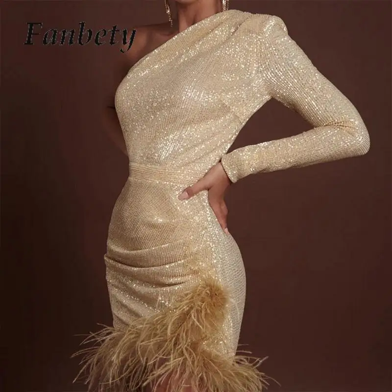 

2024 Elegant Long Sleeve Bodycon Mini Dress New Women Wrap Solid Party Dress Sexy Skew Collar Feather Stitching Banquet Dress