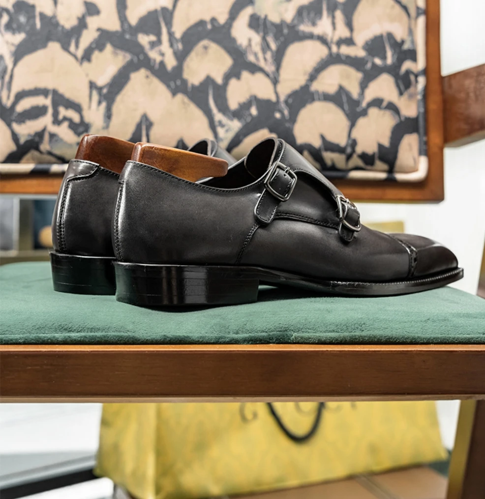 Luxury Men's Double Buckle Monk Strap Formal Shoes Genuine Leather Classic Cap Toe Business Office Wedding Dress Shoes for Men