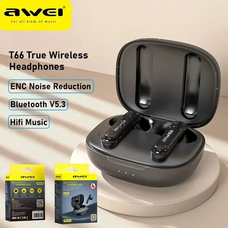 Bluetooth Headphones Awei T66 Earphone Bluetooth 5.3 Earbuds Stereo Sports Wireless ENC TWS With Dual HD Mic
