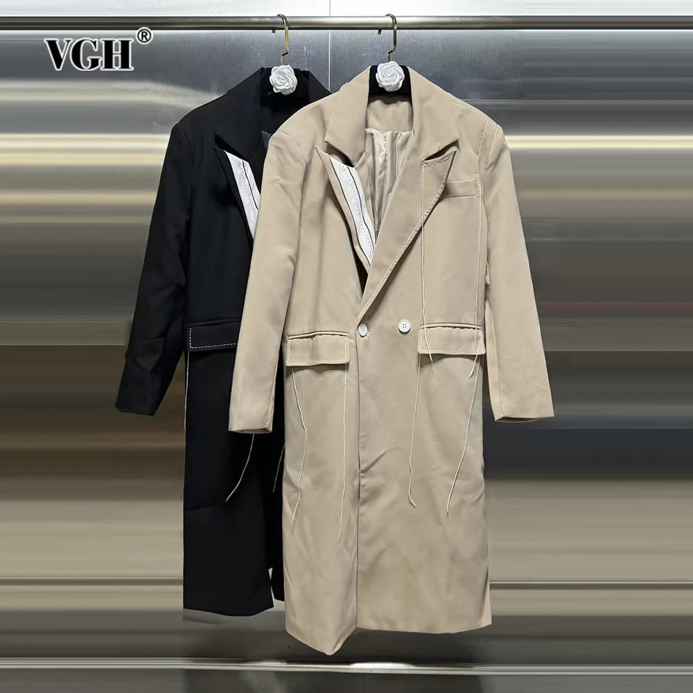 

VGH Solid Patchwork Pockets Casual Trench For Women Lapel Long Sleeve Spliced Double Breasted Minimalist Loose Coats Female New