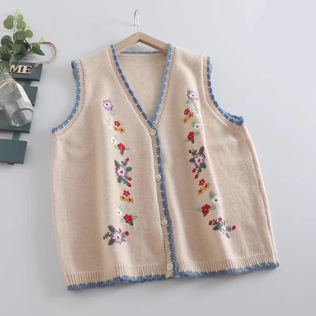 Vintage Knit Floral Embroidery Sweater Vest Fall Mori Girl Retro