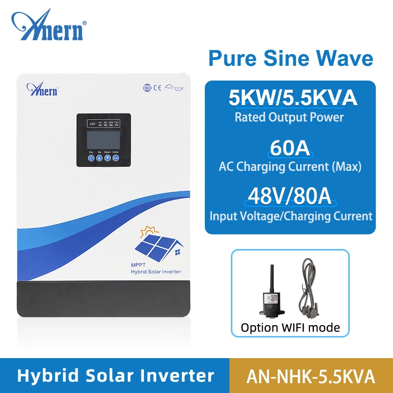 

Anern 5.5KVA 5KW Hybrid Solar Inverter 48V 230V Pure Sine Wave Off Grid Inverter Build-in MPPT 80A Solar Charge Controller