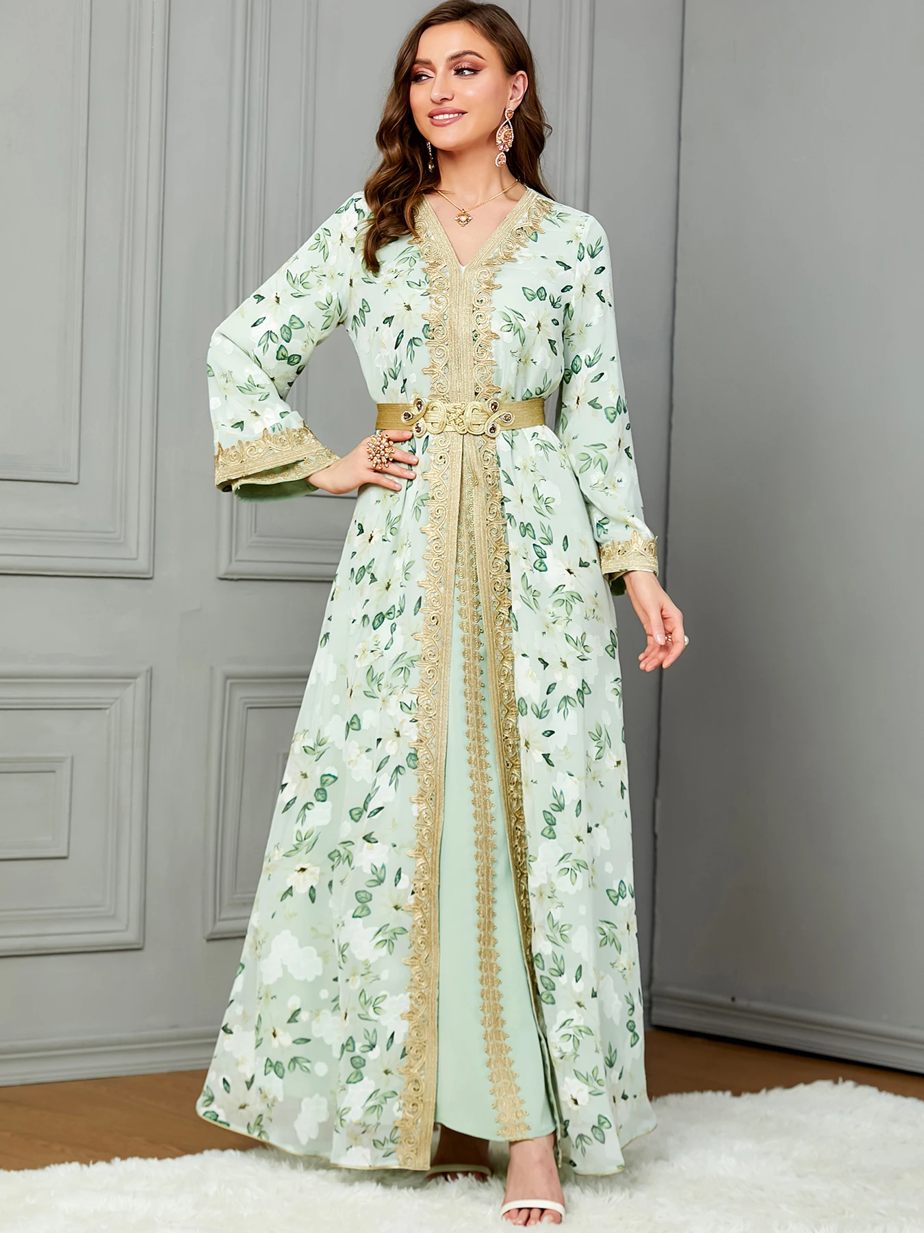 AutumnMuslimAbayaforWomenDress2PieceSetMaxiAlineAbayas