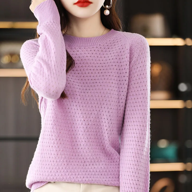 

Western Style Hollow Out 100 Pure Woolen Sweater Women Round Neck Pullover Knitted Long Sleeve Bottomed Loose Autumn Winter New