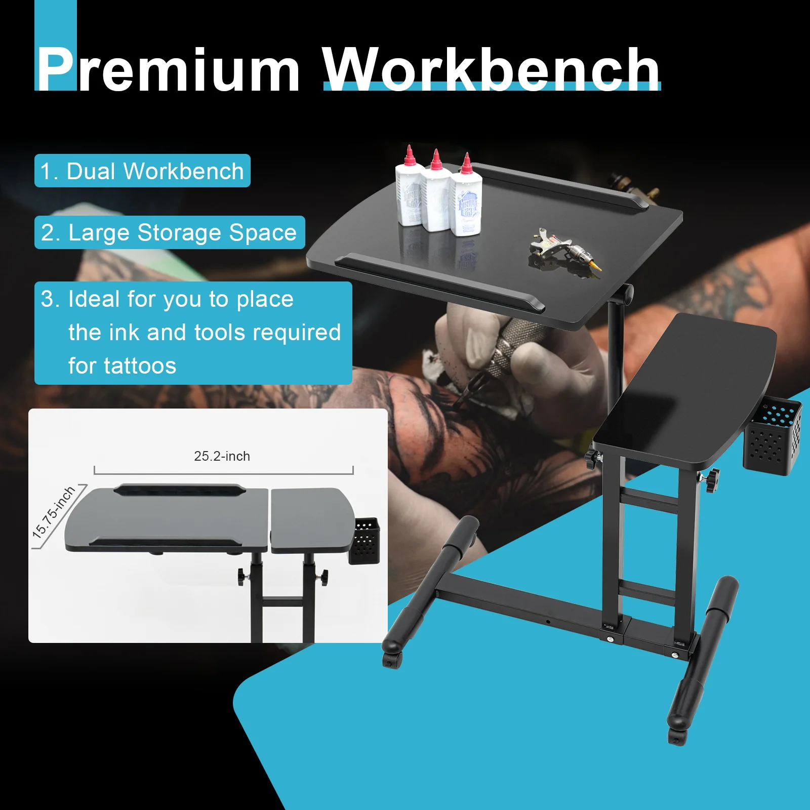 Adjustable Tattoo Station Table Rolling Tray Tattoo Workstation for Studio Beauty Salon Medical Shop Salon Furniture