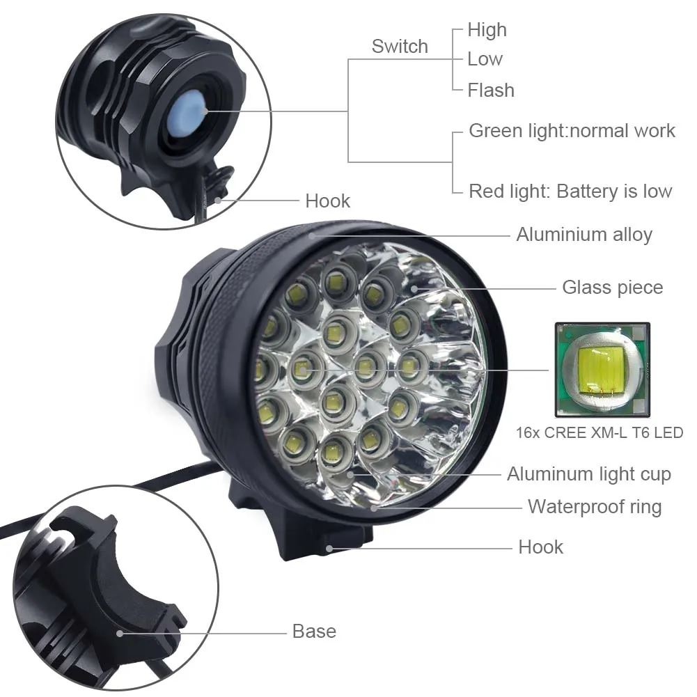 WasaFire 40000LM Bike Light 16* XML T6 LED Bicycle Front Light