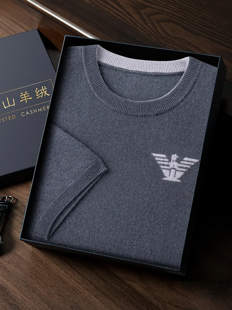 Fashion Spring Summer Men's 100% Cashmere O-Neck Knitted Sweater Classic Pattern Short Sleeve Shirt Man Clothes Loose Pullover