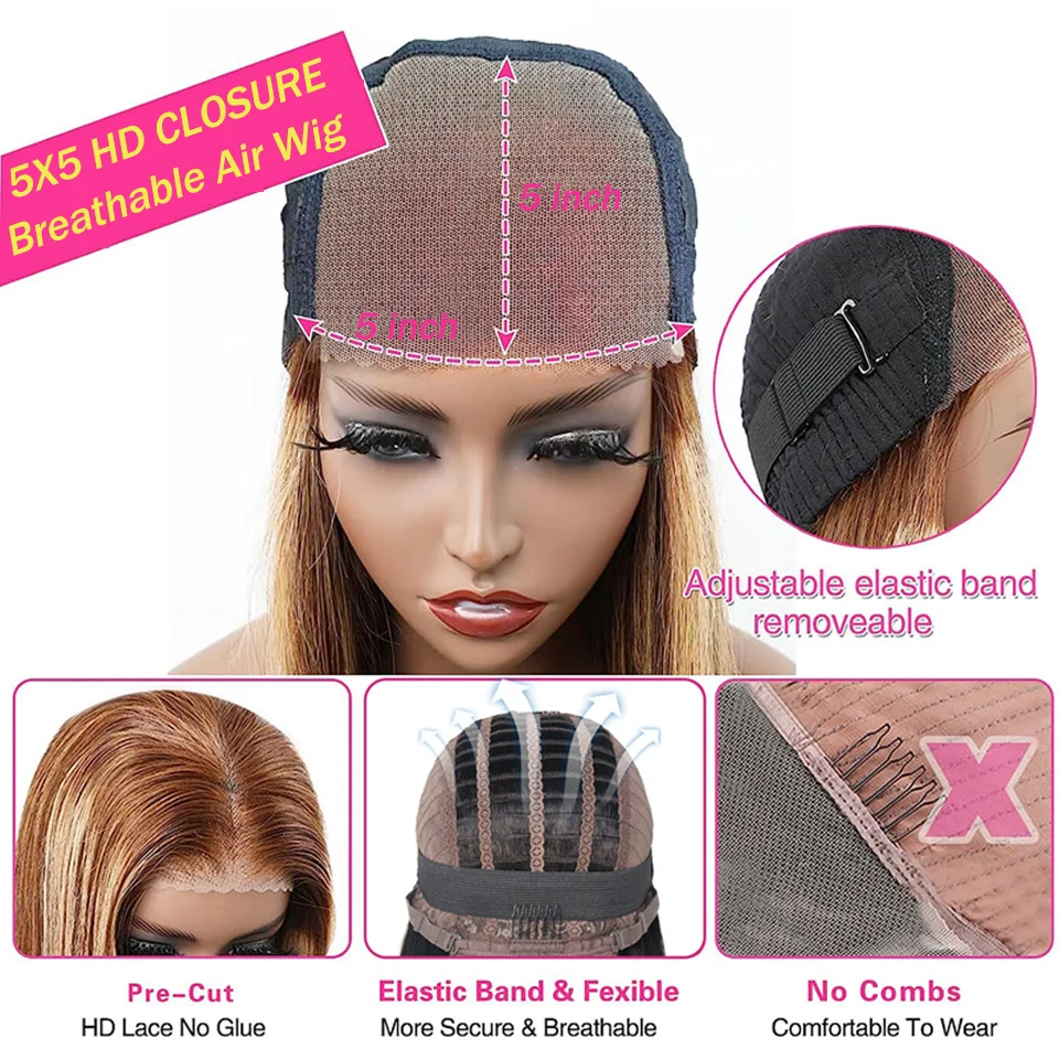 Ready to Wear Glueless Wig Highlight Deep Wave 5x5 HD Lace Closure Wigs Pre Cut Lace for Women P4/27 Honey Blonde Pre Plucked