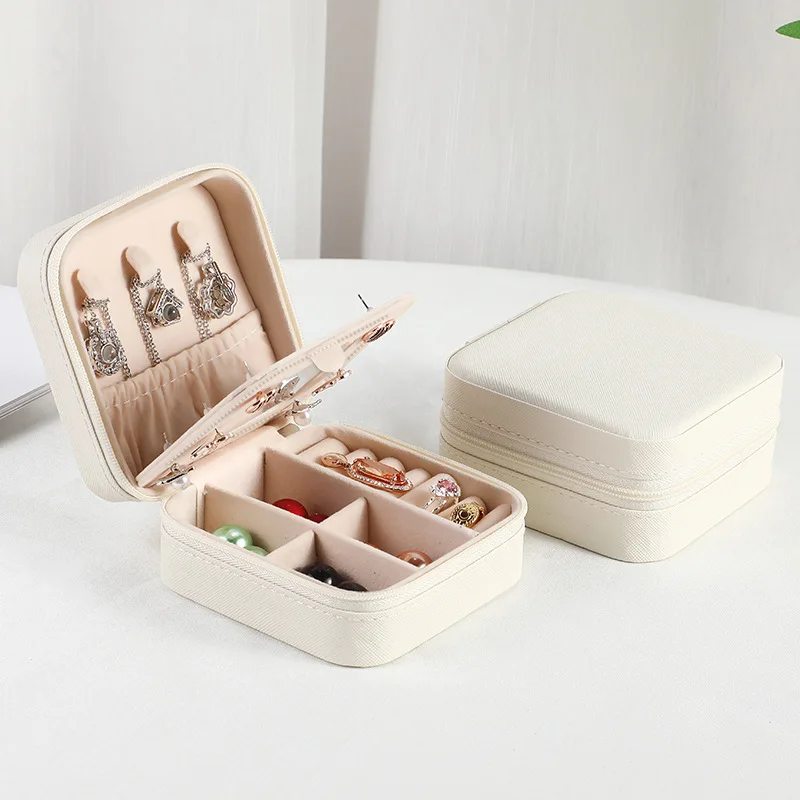 Portable PU Leather Travel Jewelry Case with Mirror and Zippered Organizer