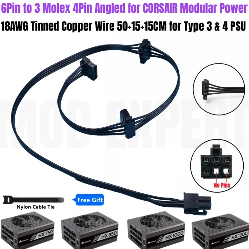 Cable de alimentación de ventilador de carcasa en ángulo, accesorio para CORSAIR HX750, HX850, HX1000, HX1200, tipo 4, potencia Modular, 6 pines a 3 Molex IDE, 4 pines PATA Perif