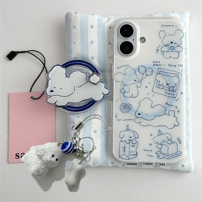 Magnetische Handyhülle mit blauer Linie und kleinem Hund-Anhänger sowie magnetischer Halterung für iPhone 11 12 13 14 15 16 17 18 Pro Max
