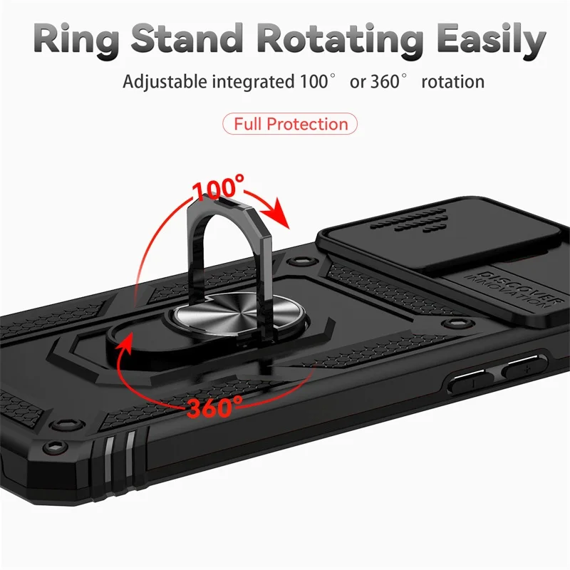 Shockproof Armor Case with Metal Ring Holder and Slide Lens Protector Cover