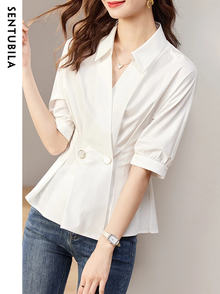 

Женские рубашки Sentubila с коротким рукавом, белые прямые свободные топы с V-образным вырезом и пуговицами, модные летние элегантные рубашки и блузки, 2023