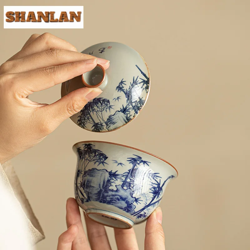 160ml Rretro Old Pottery Clay Gaiwan Vintage Blue And White Landscape Poetry Tea Tureen Tea Making Cover Bowl Ceremony Gift