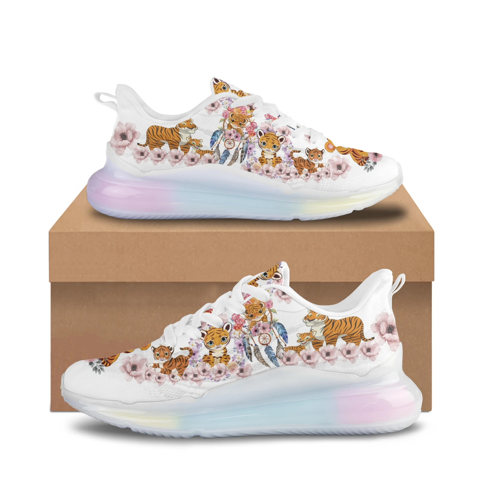 Cute Cartoon Tiger Flower Print Light Lace Up Air Cushion Shoes Fashion Rainbow Gradient Color Thick Bottom Sneakers Leggere