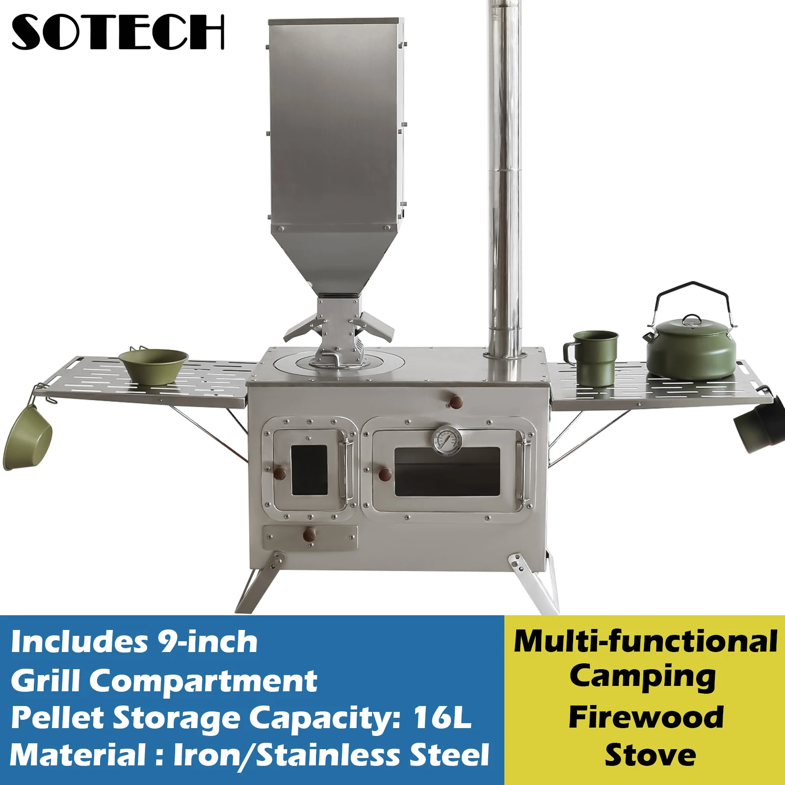 Multi-Functional Camping เตาฟืนแบบพกพากลางแจ้ง Burner พร้อมเตาอบเต็นท์เดินป่าปิคนิค BBQ ย่างความร้อนพิซซ่า 1