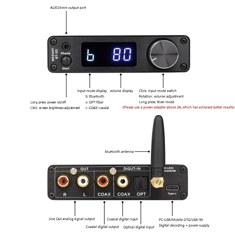 Flagship HD Bluetooth 5.1 Decoder Audio Receiver ESS9038 Lossless Decoding Supports LDAC APTX-HD HD Format High-power Amp adapter converter decoder converter amplifier