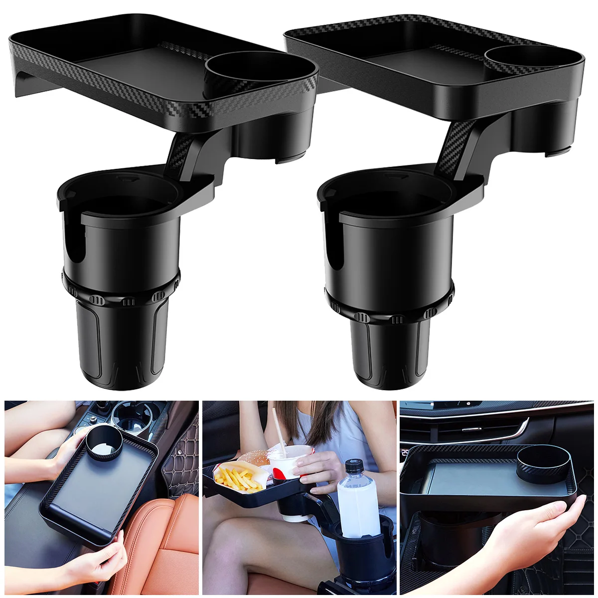 Bandeja Organizadora Para Coche - Gira 360°, Base Ajustable 7.5 Cm, Plástico Negro, 28x23x23 Cm