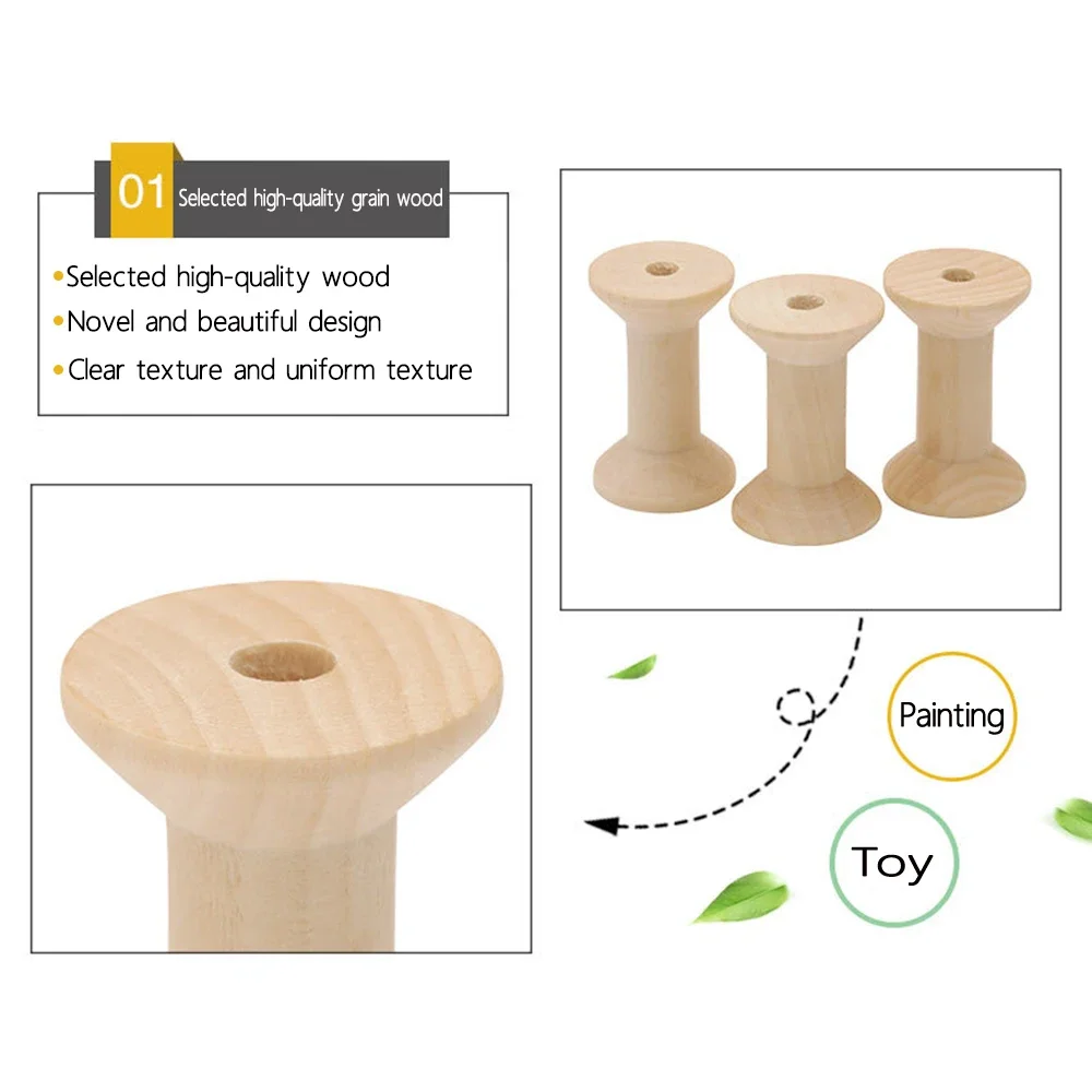 10pcs Empty Wooden Bobbins Reels Spools Holder Thread Wire for Needlework Sewing Machine Crafts DIY Unfinished Painted 47mm*32mm