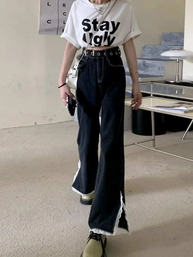ADAgirl Black Jeans Woman Lace Split Wide Leg Pants with Belt Baggy High Wasit Oversize Streetwear Denim Punk Gothic Emo Clothes