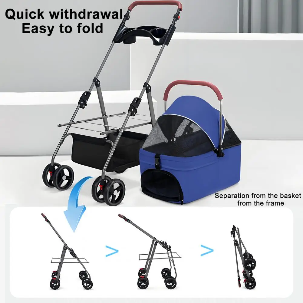 2 in 1 Stroller Dog Box Transport Foldable Cat Stroller, 360&deg; Wear-resistant Rubber Wheels, with Storage Basket