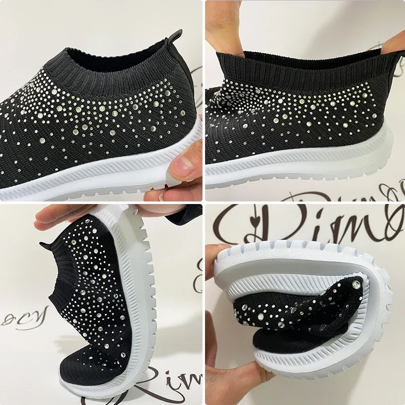 Women Shoes Shining Crystal Flats Spring Breathable Knit Platform Sneakers Comfortable Soft Bottom Non-slip