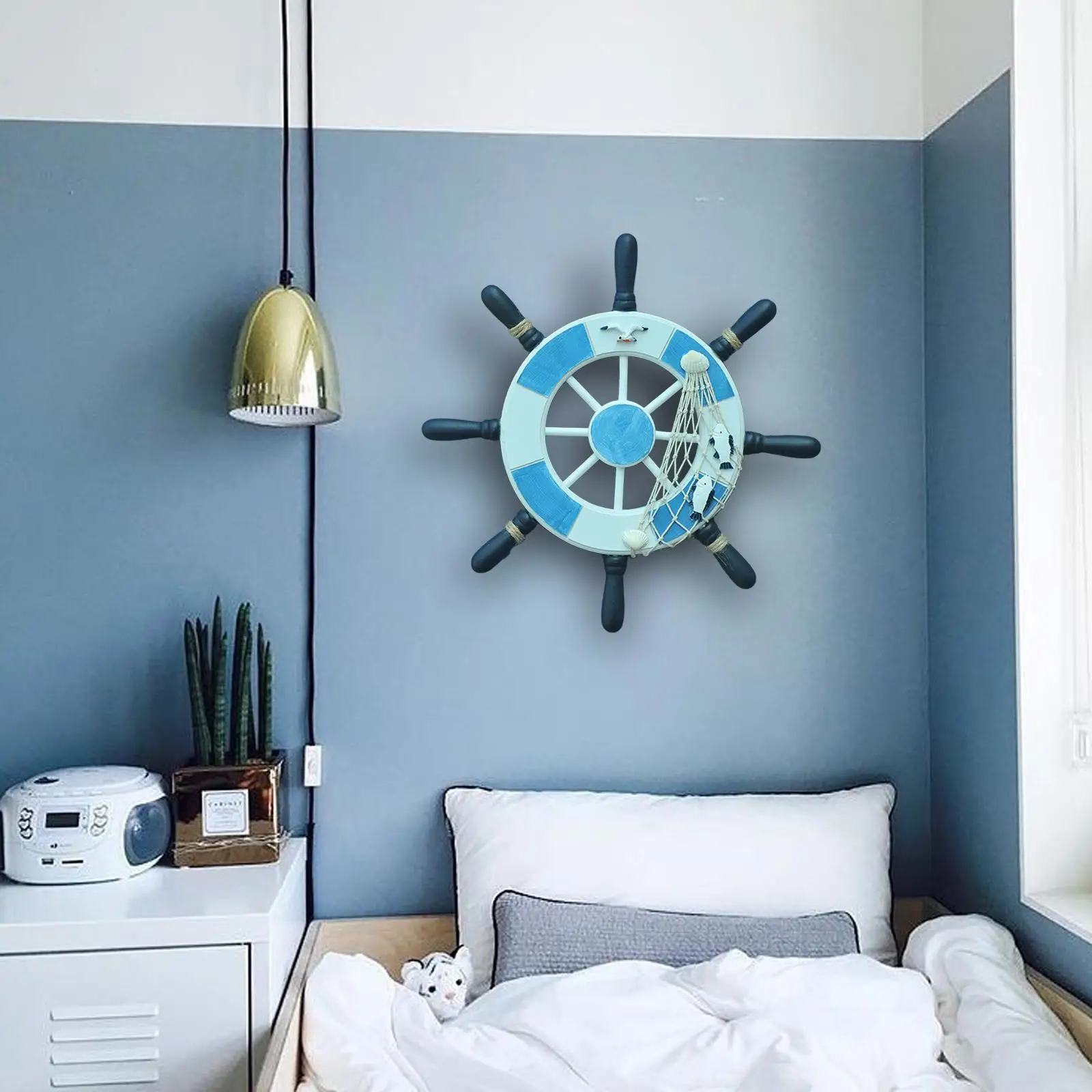 Nautical Wood Ship Wheel Wall Hanging Navy Decor Rustic Beach House Decoration for Home Office