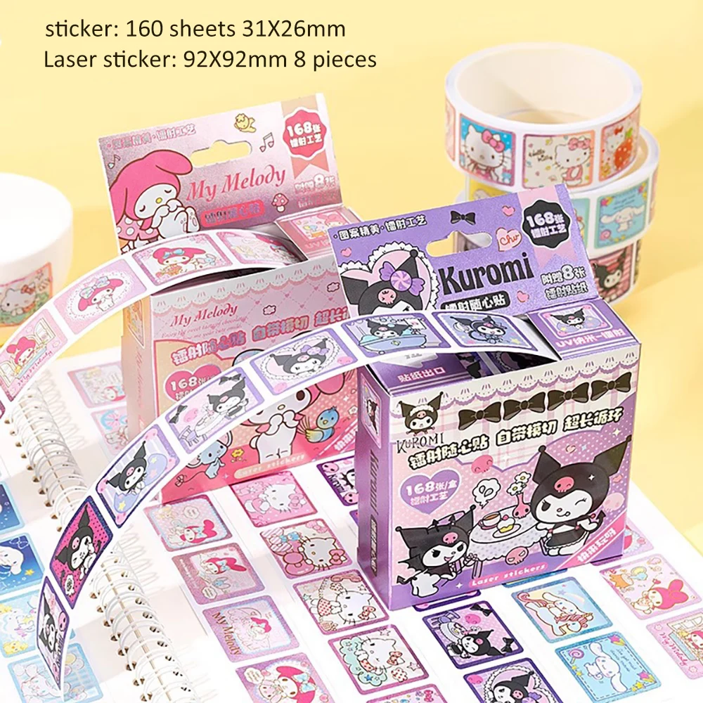 168pcs/box Sanrio Laser Stickers Kuromi Melody Seal Stickers Children's Handbook Cartoon Decorative Label Stickers 100 round golden stickers commercial seal labels stickers birthday cards envelopes gifts decorative stationery