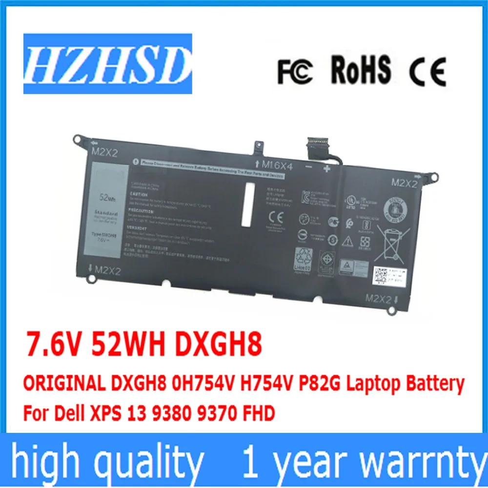 7.6V 52Wh Originale Dxgh8 Hk6N5 0H754V H754V P82G Batteria Del Computer Portatile Per Dell Xps 13 9380 9370 5390 5391 7191 7490 P82G