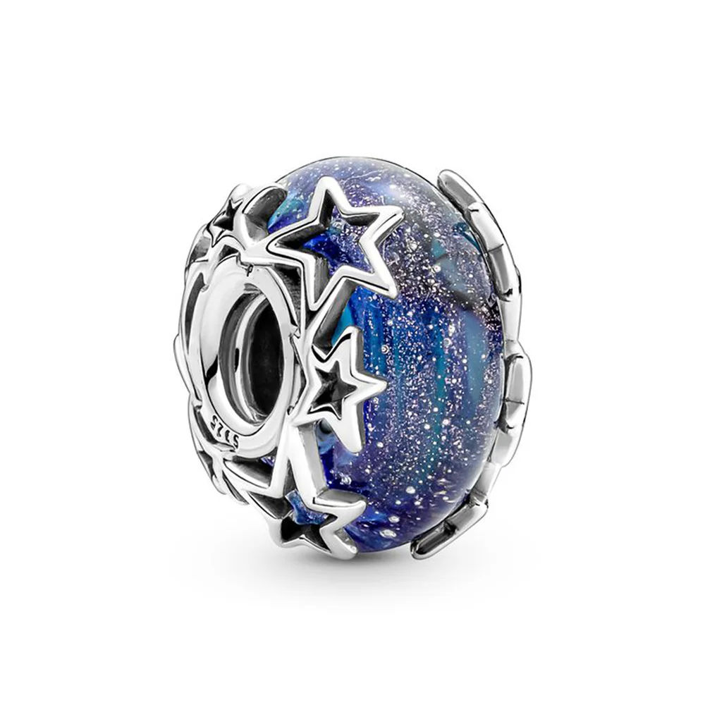 

Authentic 925 Sterling Silver Bead Galaxy Blue & Star Murano Glass Charm Fit Pandora Women Bracelet Bangle Gift DIY Jewelry