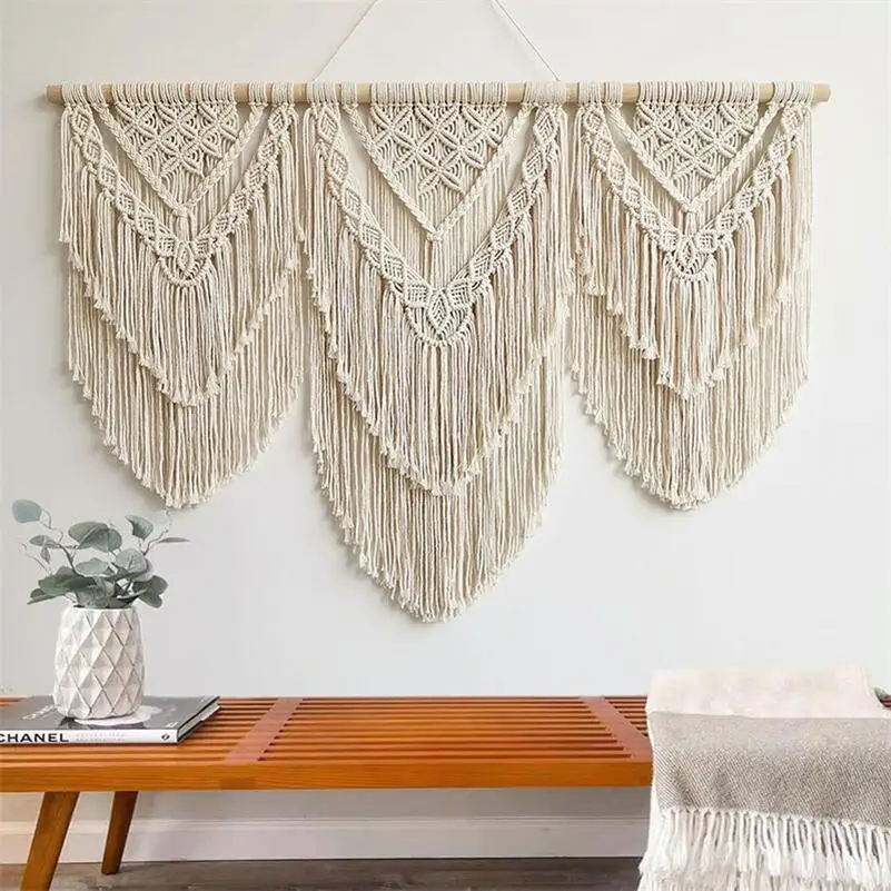 

Handwoven Macrame Tassel Pendant Wall Hanging Tapestry with Wooden Stick Hand-Woven Bohemia Tassel Curtain Tapest