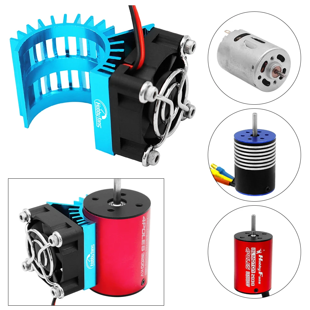Dissipateur thermique moteur RC avec ventilateur installé sur une voiture RC 1/18, câbles connectés