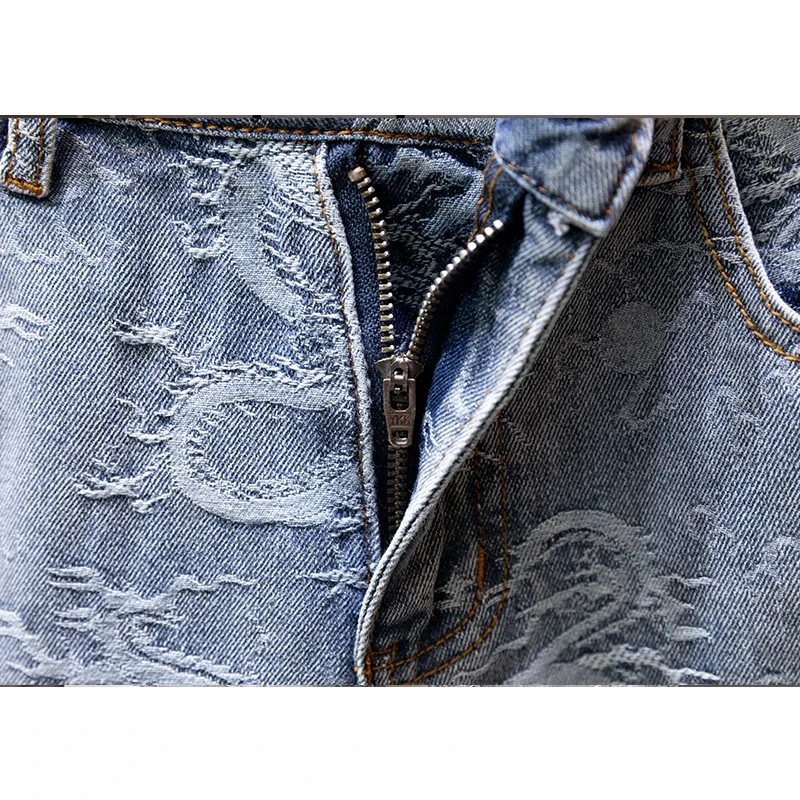 2024 Summer New Personality Dragon Print Stylish Straight Blue Denim Shorts Male Street Style Men's Straight Denim Shorts 3