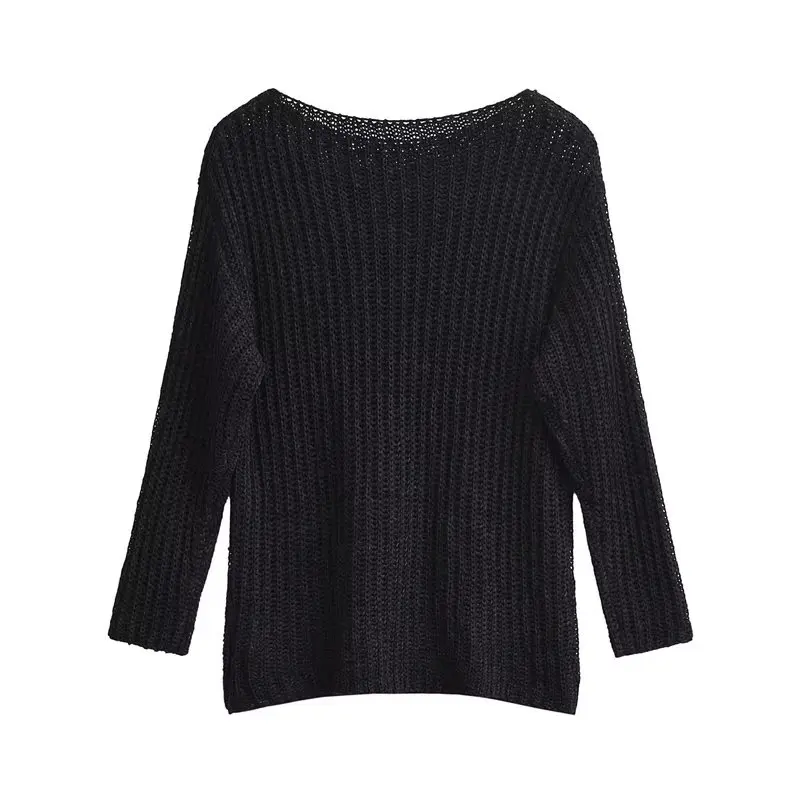 

Maxdutti British Fashion Ladies Retro Loose Casual Sweater Boyfriend Black Sweater Texture Hollow Knitwear Women Tops