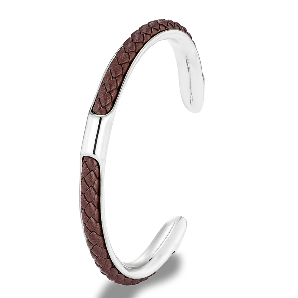 MKENDN Classic Men Stainless Steel Woven Leather Cuff