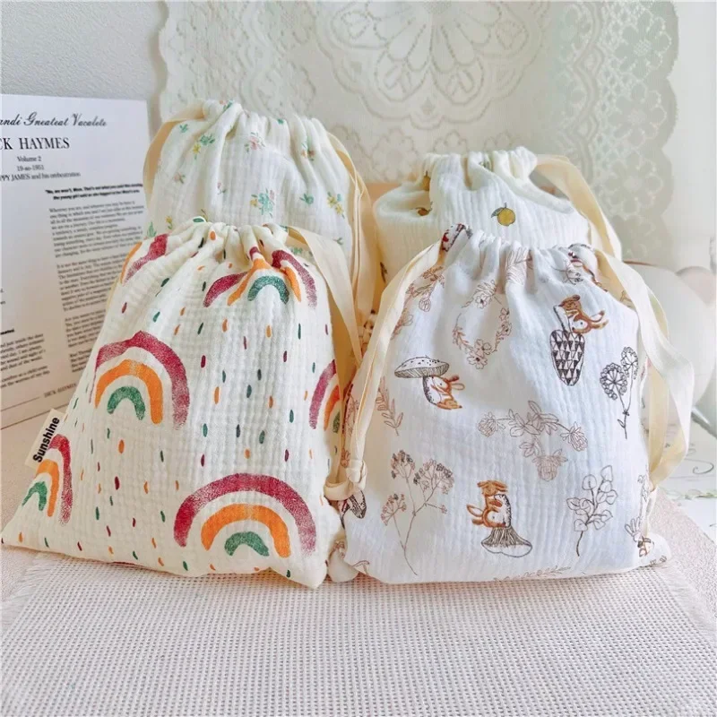Natural Cotton Mommy Storage Bags Outdoor Baby Diaper Carrier Cute Sunshine Rainbow Printing Drawstring Pouches 27x25cm diaper pouch,diaper bag