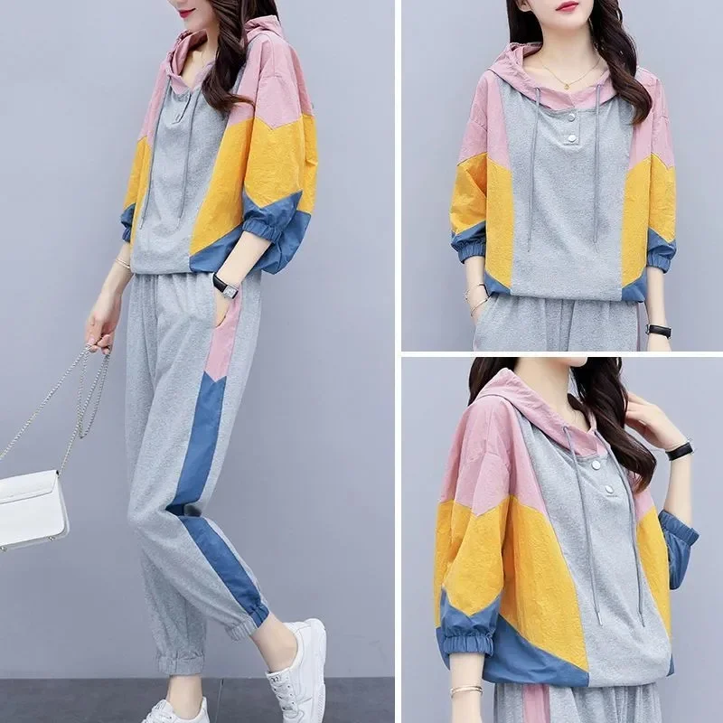 

Женский спортивный костюм, Новинка весна-лето 2023, Женский повседневный комплект из свитшота, большой свободный комплект из двух предметов, женские брюки, комплект из двух предметов