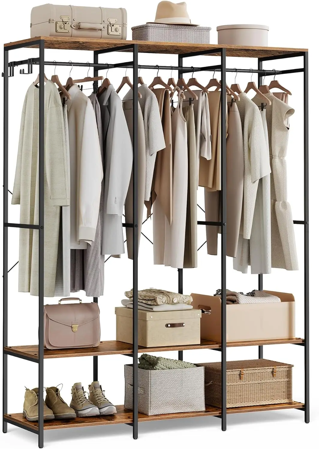Clothes Rack, Heavy Duty Garment Rack Freestanding Closet Organizer, with Hanging Rods, Storage Shelves, Removable Hooks