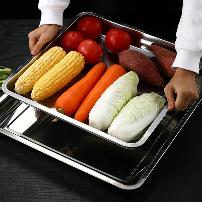 Square Stainless Steel Food Fruit Storage Tray Cake Barbecue Pastry Steamed Sausage Shallow Pans Plate Dish Kitchen Accessories 6