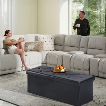 JHK 43-Inch Leather Folding Storage Ottoman Bench with Footrest 2