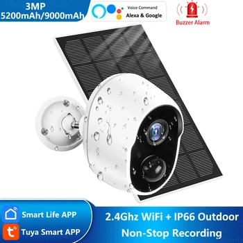 3MP Tuya 스마트 라이프 5200/9000mAh 충전식 배터리 태양열 야외 와이파이 1080P 감시 보안 사이렌 카메라 Alexa Google
