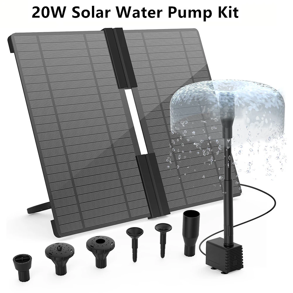 20W Solar Water Pump Kit, Solar Powered Water Fountain Pump with 6 Nozzles, Feature Outdoor Fountain for Bird Bath