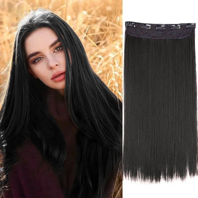 Straight Clip In Human Hair Extension 1 Piece 5 Clips 3/4 Full Head Clip On Remy Hair Extension Natural Color One-Piece Ins