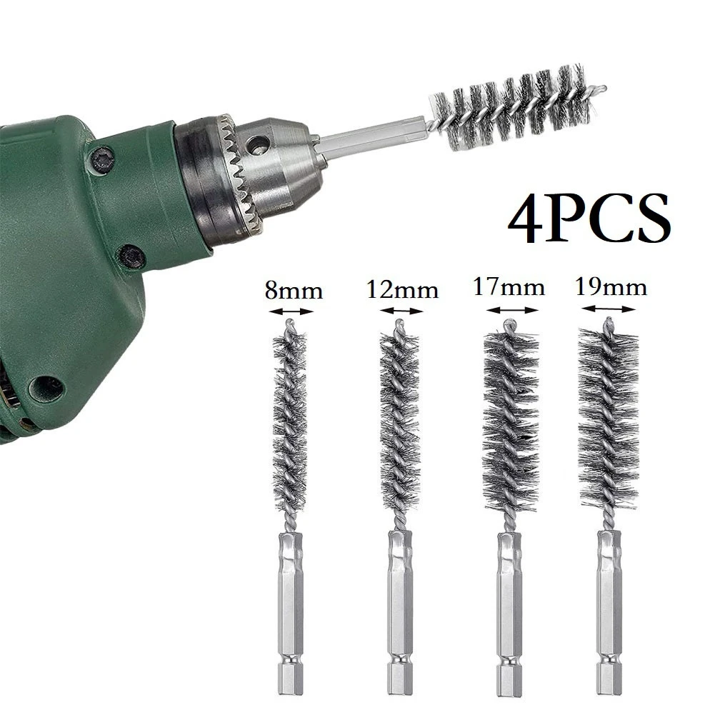 

4pcs 8/12/17/19mm Wire Tube Cleaning Brush Machinery Paint Remover Rust Cleaner Metal Handle Chimney Washing Polishing Tools